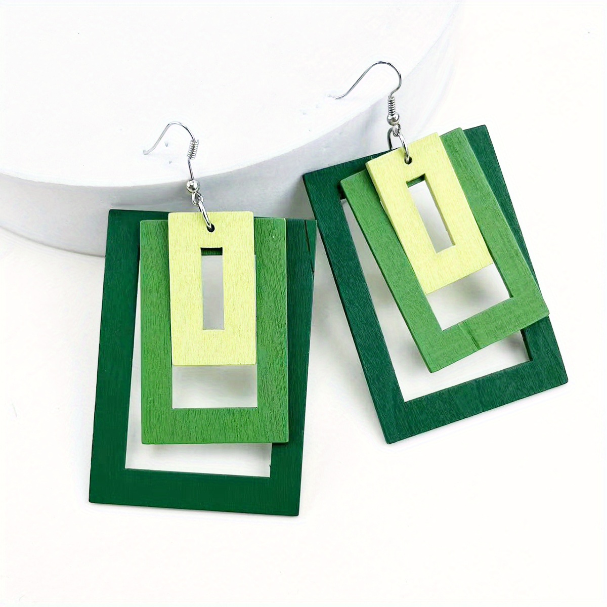 TEMU 1 Pair Of Chic Wooden Geometric Square Gradient Earrings - Vacation/, Alloy Hooks, & Getaways, Quirky Earrings