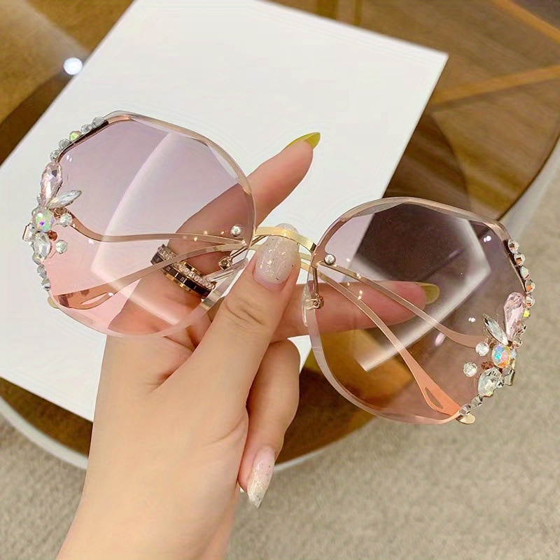 1pc Women's Rhinestone Decorated Rimless Square Sunglasses For Party And  Fashion