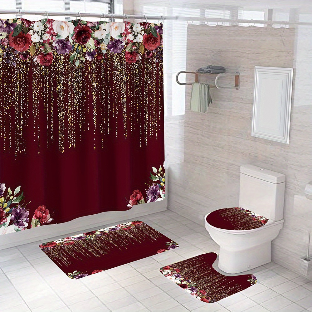 Red Rose Theme Shower Curtain Decor 12 Set for Hooks Flower