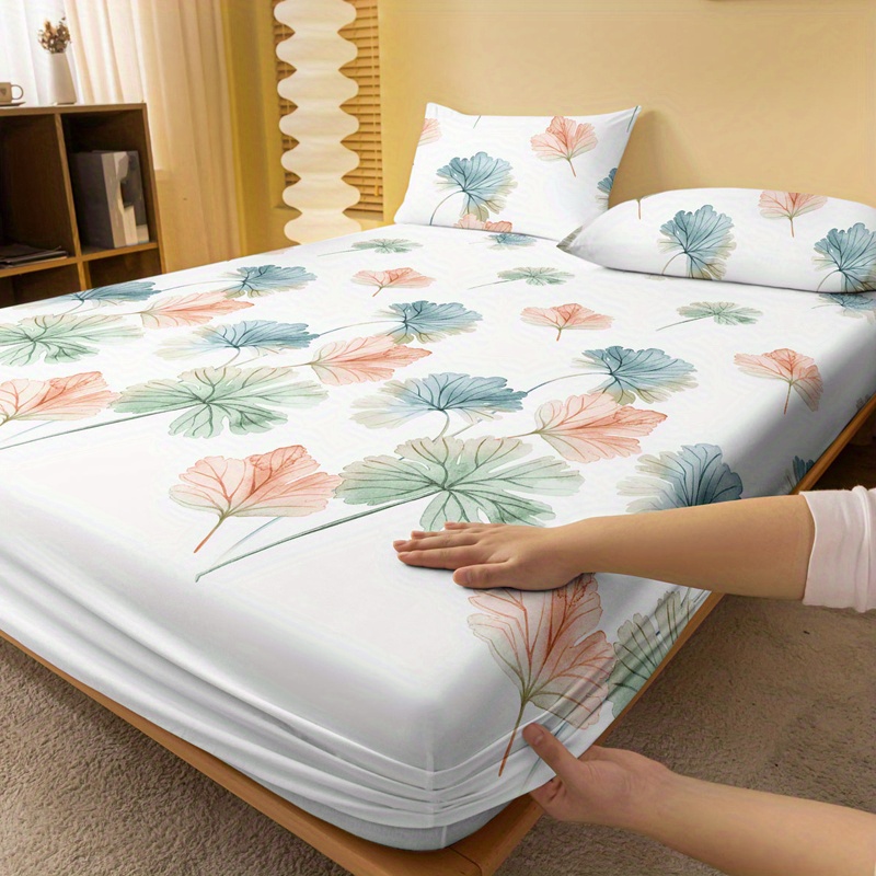 1pc brushed fitted sheet soft comfortable leaf print bedding fitted sheet for bedroom   with deep pocket fitted bed sheet only without pillowcase details 1