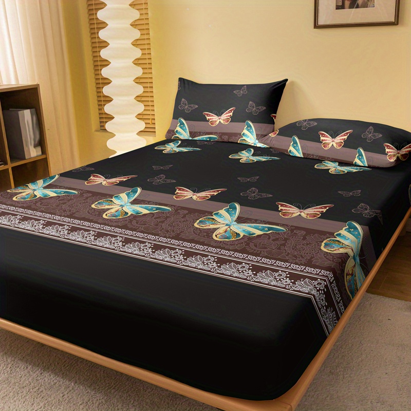 1pc brushed fitted sheet soft comfortable butterfly print bedding fitted sheet for bedroom   with deep pocket fitted bed sheet only without pillowcase details 3