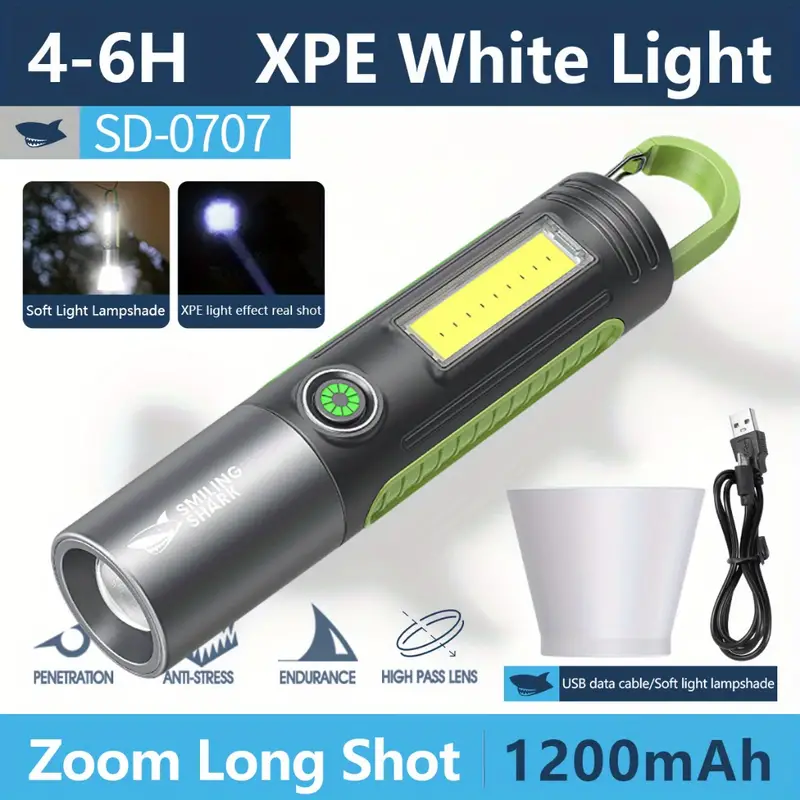 1pc powerful zoomable flashlight multifunctional portable flashlight with hook telescopic rechargeable cob torch light for hiking hunting camping outdoor sports battery included details 7