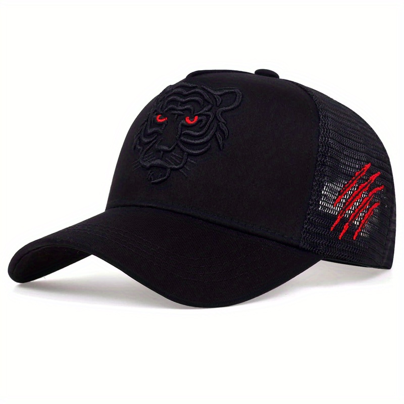 A Women's Trucker Cap Featuring Tiger Embroidery, Adjustable For Outdoor Use, Perfect For During Casual And Autumn, Including Travel, Beach Trips, And Parties