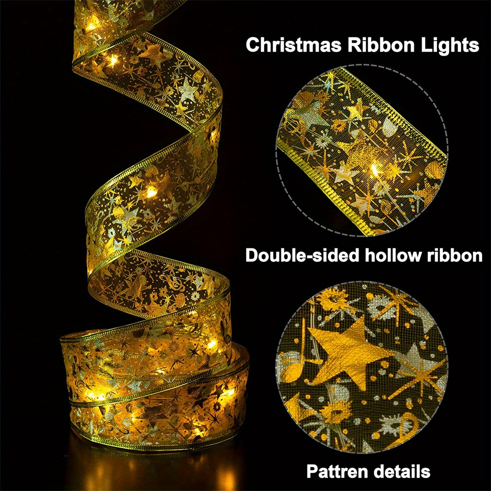1pc led christmas ribbon lights 20 50 100 led christmas tree decoration christmas ribbon fairy lights battery powered copper wire ribbon string lights ribbon lace butterfly lights for wedding new year home room christmas decoration details 5