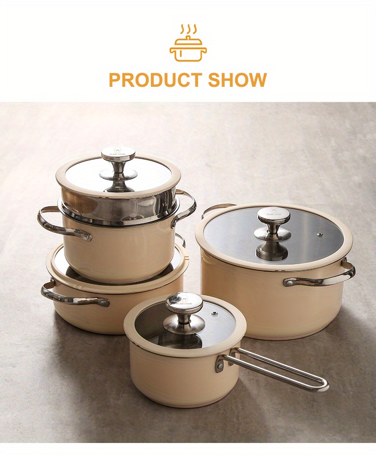 Pure Cook Cooking Pots, With Silicone Border Glass Lids, Stainless Steel  Pots, Optional Sauce Pan, Stock Pot, Casserole, Steamer Pot, Beige White  Pots, For Gas Stove, Induction Cooktop, Kitchen Accessories, Home Kitchen