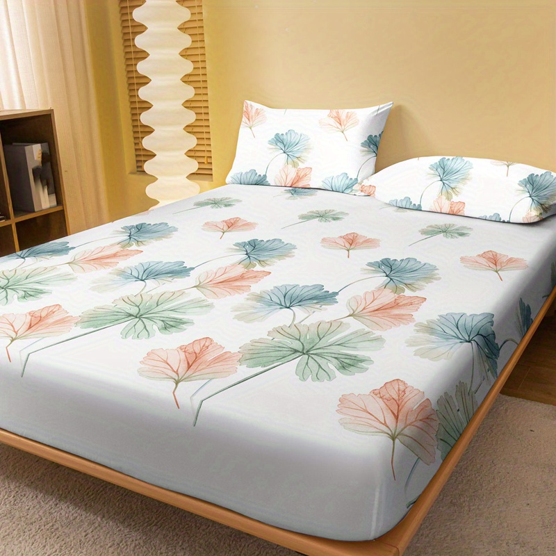 1pc brushed fitted sheet soft comfortable leaf print bedding fitted sheet for bedroom   with deep pocket fitted bed sheet only without pillowcase details 2