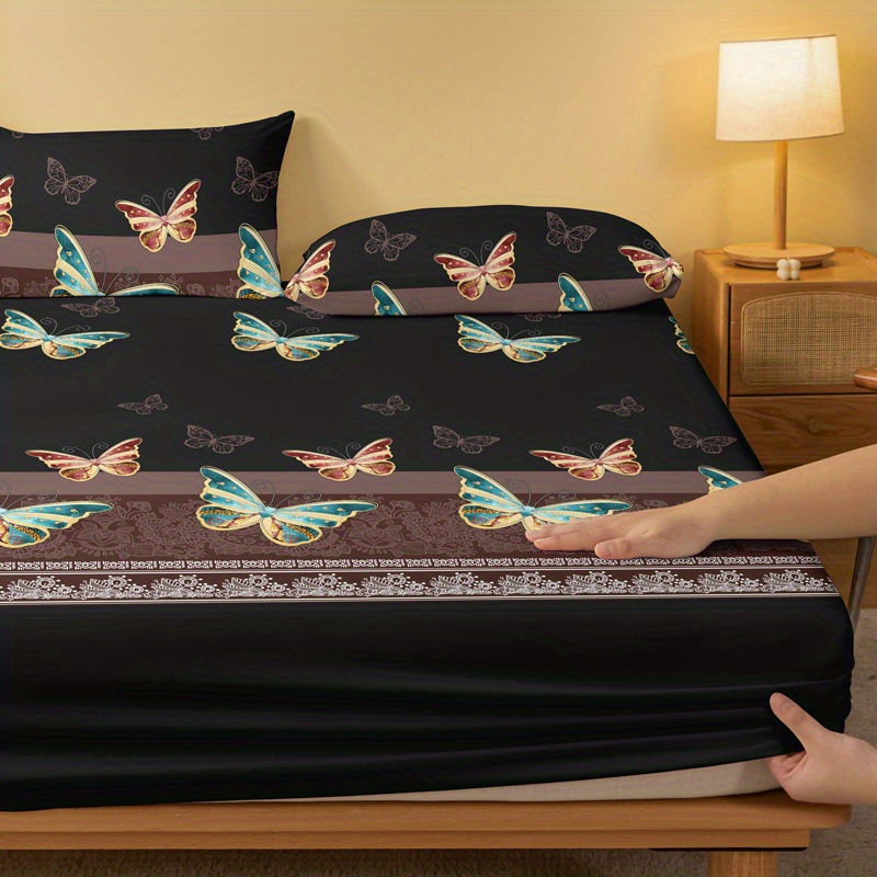 1pc brushed fitted sheet soft comfortable butterfly print bedding fitted sheet for bedroom   with deep pocket fitted bed sheet only without pillowcase details 4