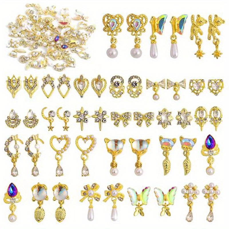 Dangle Nail Charms Rhinestones For Nails Heart Charms Golden - Temu