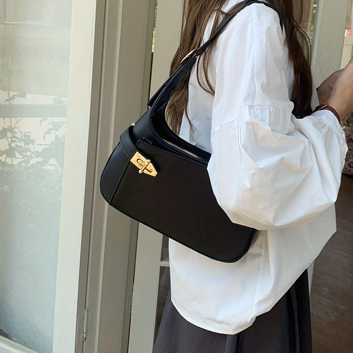 Retro Buckle Decor Baguette Bag, Women's Trendy Shoulder Flap Bag