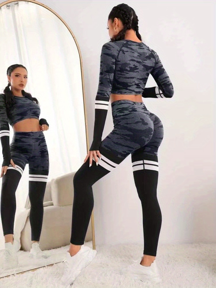 Camouflage Pattern Yoga Sports Sets Fashion Striped Detail - Temu