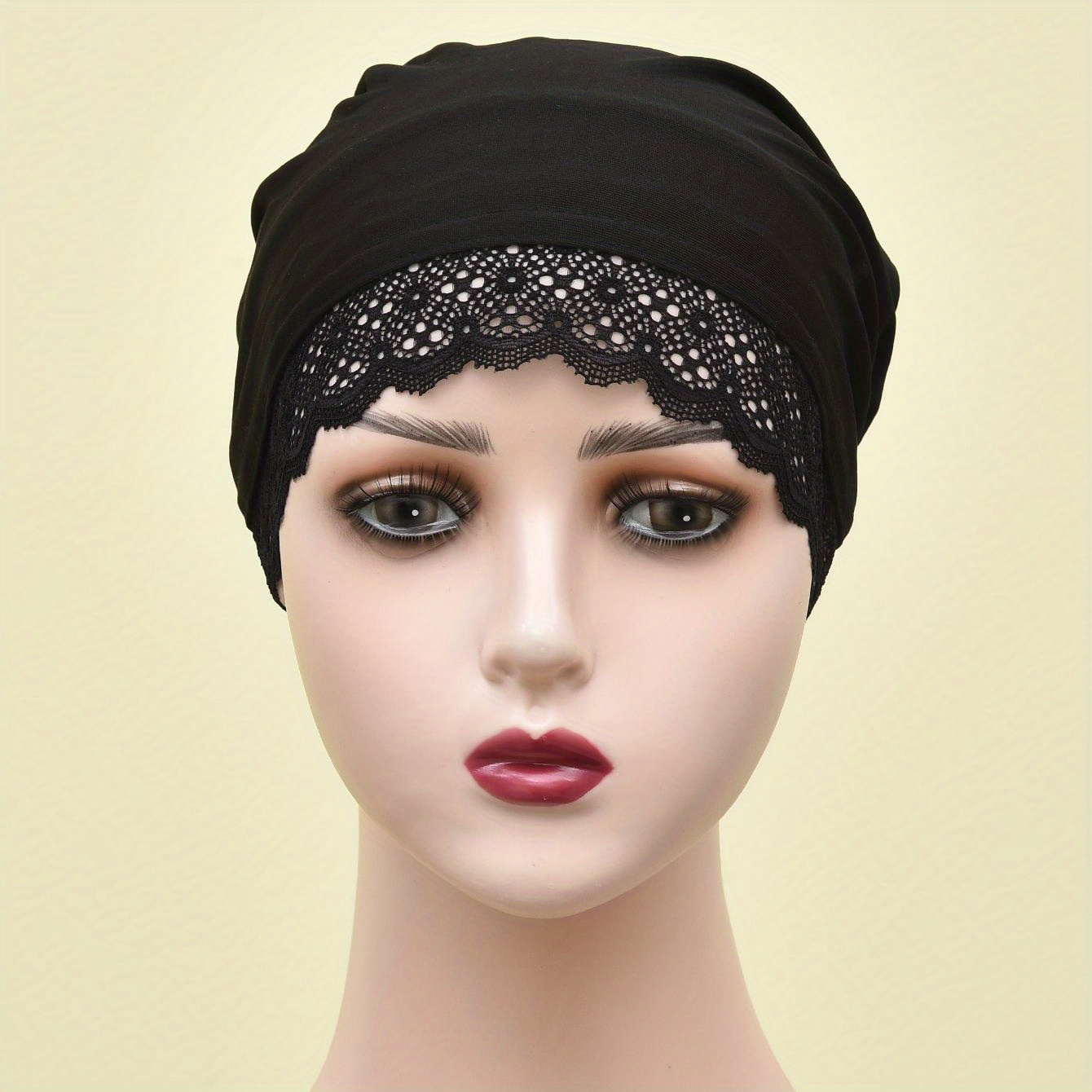 Elegant Black Lace-trimmed Stretchy Turban Cap For Women - Lightweight, Breathable Polyester Head Wrap | Versatile Casual Headscarf, Hand Washable