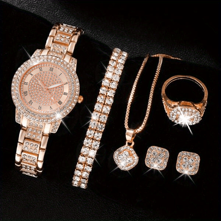 luxury rhinestone quartz watch hiphop fashion analog wrist watch 6pcs jewelry set gift for women her rose golden watch 6 jewelry 9