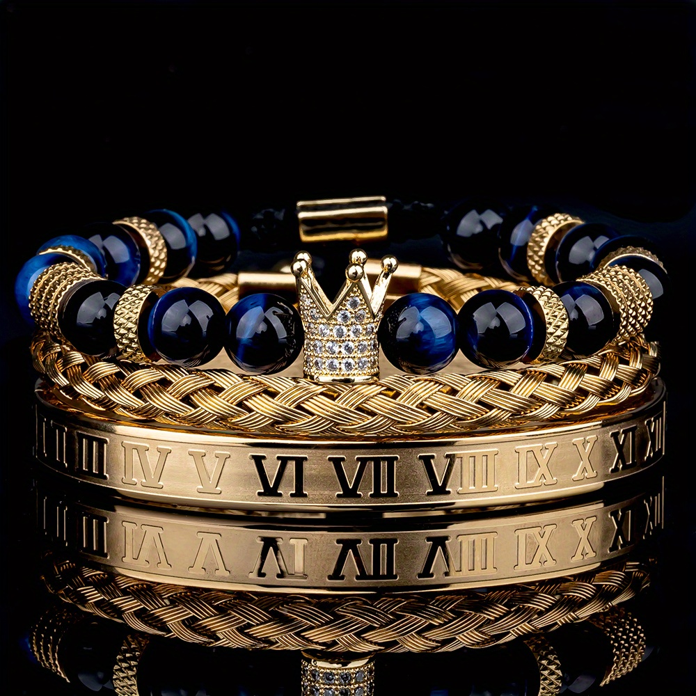 3pcs Roman Royal Crown Charm Men Bracelet, Stainless Steel Tiger's Eye Stone Geometry Open Adjustable Bracelets Couple Jewelry, Jewels,Temu