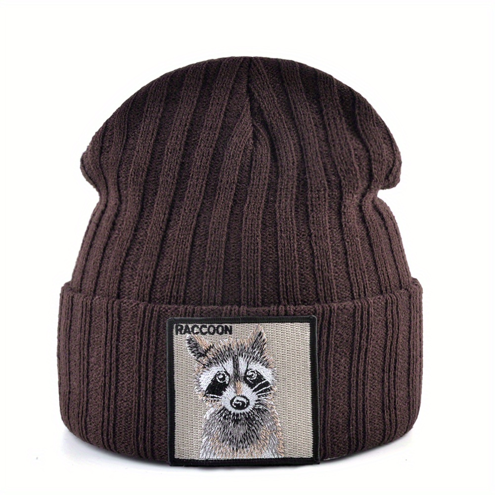Winter Knitted Raccoon Animal Embroidery Warm Pullover Hat For