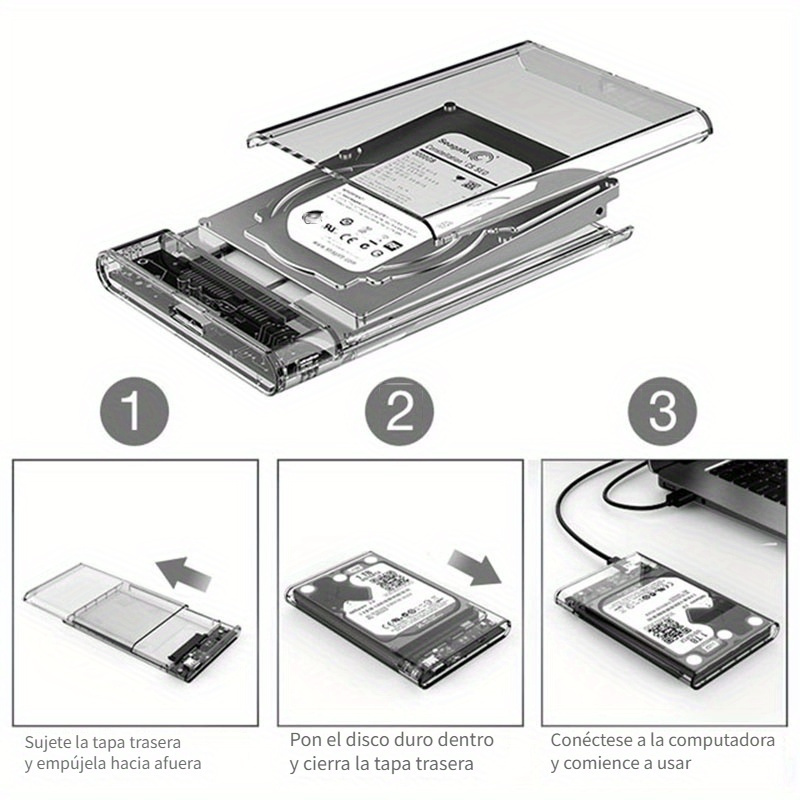 ORICO Caja de disco duro externo de 2.5 pulgadas USB 3.0 a SATA III Caja de  disco duro transparente sin herramientas para 2.5 pulgadas 0.276 in 0.374