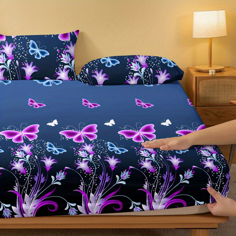 1pc brushed fitted sheet soft comfortable butterfly floral print bedding fitted sheet for bedroom   with deep pocket fitted bed sheet only without pillowcase details 4