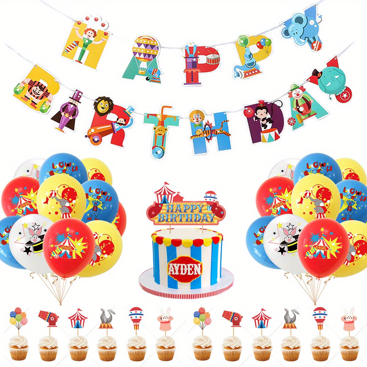 Circus Birthday Theme Decoration Set, Animal Balloons Pull Flag Cake Insert  Flags Scene Arrangement Temu Canada
