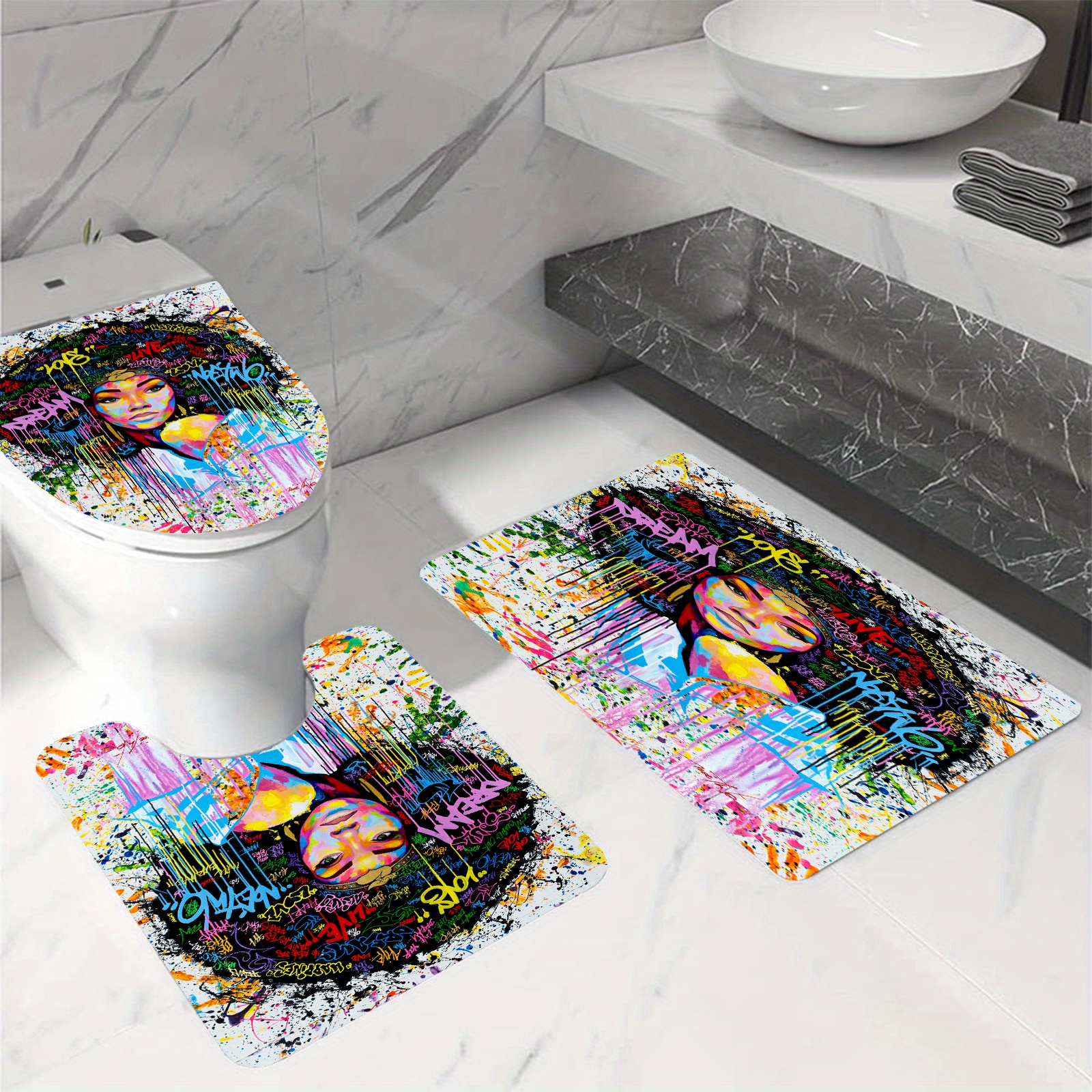 African American Men And Women Bathroom Anti-slip Mat Toilet mat Shower  Curtain Set Shower Curtain