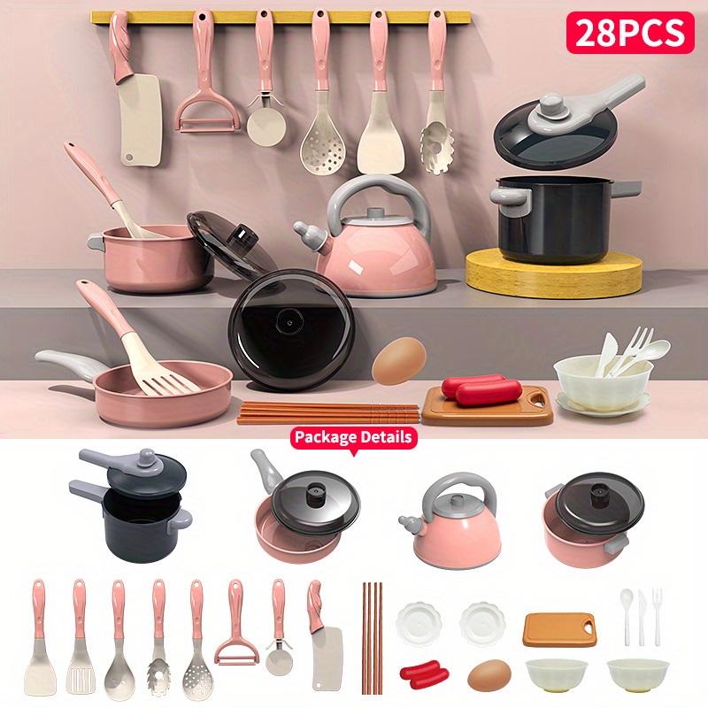 Pink Play Kitchen Cookware Toys Pots and Pans Cooking Utensils Accessories  Pretend Playset for Toddlers, Kids, Girls (13 Pcs)