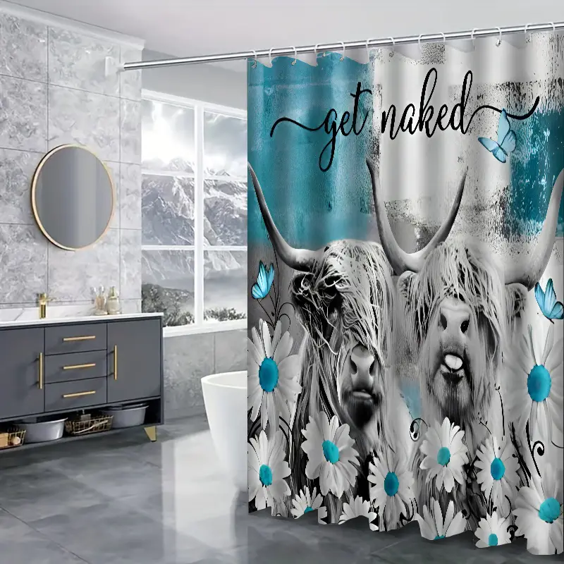 Funny Highland Cow Shower Curtain Toilet Seat Bath Mat Set, White And  Turquoise Daisies Butterfly In Grey Fabric Bathroom Shower Curtain,  Farmhouse Rustic Retro Polyester Cloth Curtains For Windows, Comes With 12