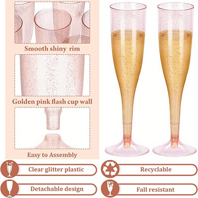 Rose Gold Plastic Champagne Flutes Disposable - Rose Gold Glitter