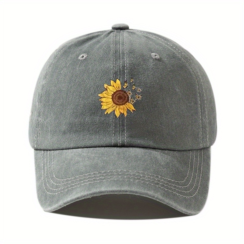 Butterfly Sunflower Print Baseball Cap Denim Washed Dad Hat