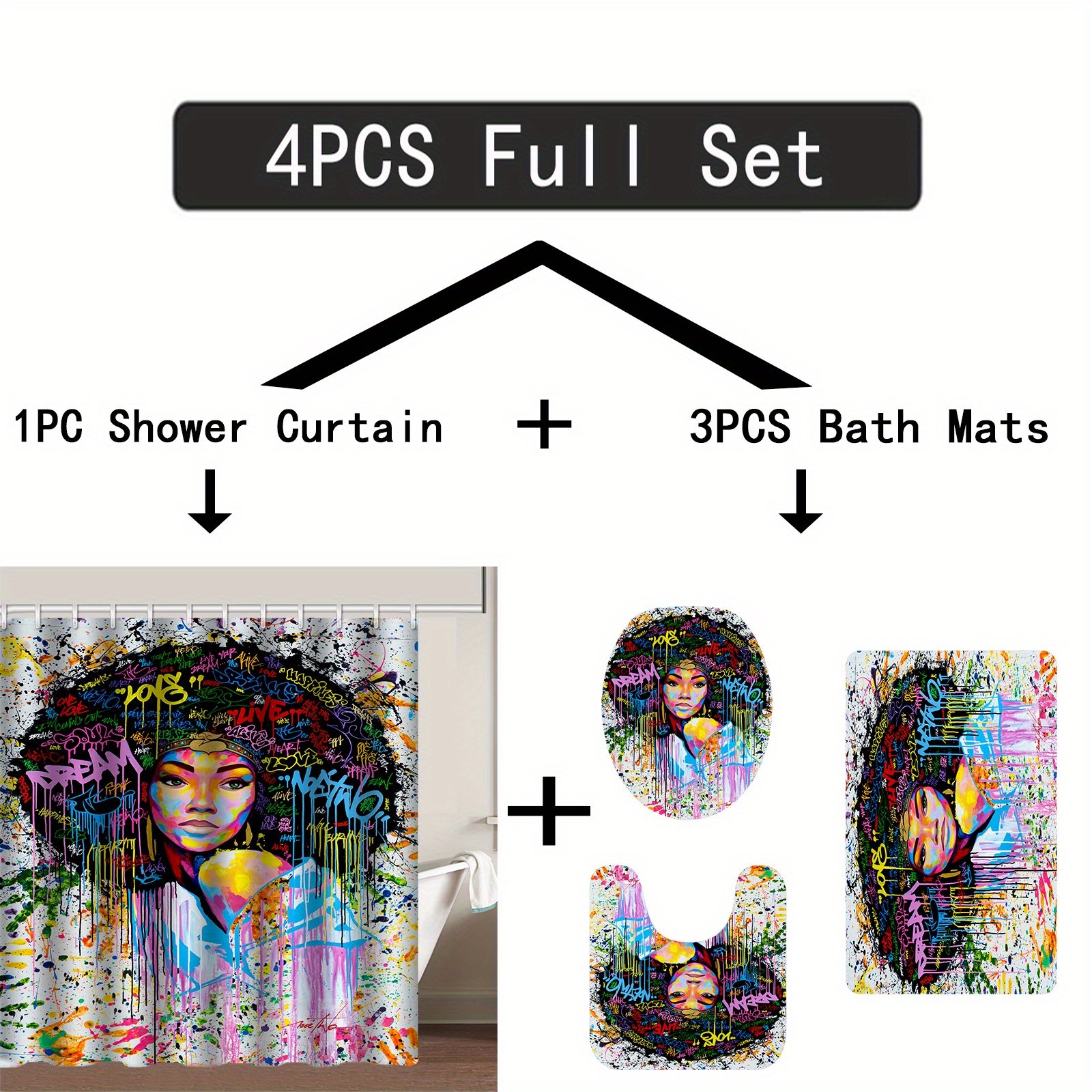 Black Brocade Baroque Shower Curtain Retro Art Abstract Floral Bathroom  Decor Curtains Non-slip Carpet Bath