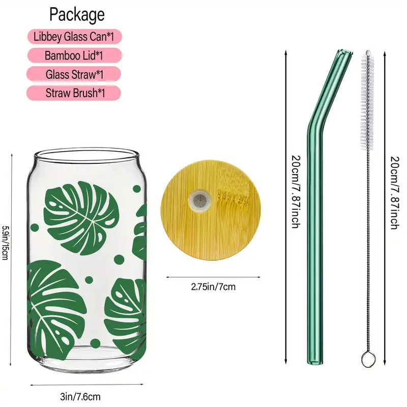 Monstera Leaf Theme Libbey Glass Can With Bamboo Lid Green - Temu