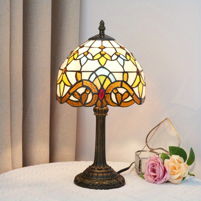 Retro Stained Glass Red Baroque Tiffany Table Lamp H 18' Antique Accent Lamp