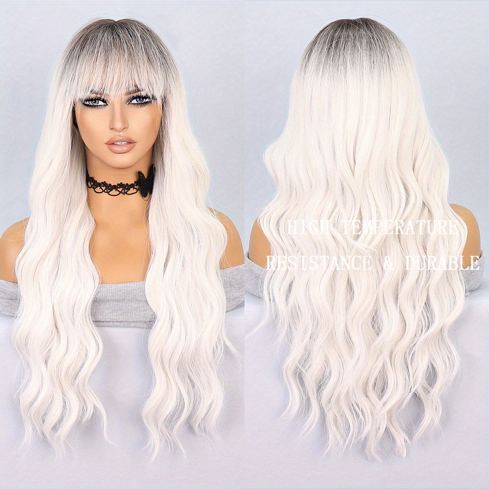 Ombre Platinum Blonde Curly Wavy Wig Bangs Women Synthetic - Temu