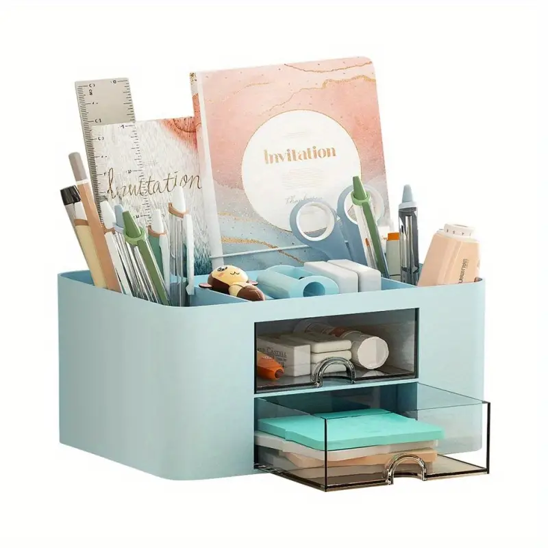 Pen Organizer with 2 Drawer, Multi-Functional Pencil Holder for Desk, Holder Storage Box for Desk, Office Supplies, Vanity Table Office School Home