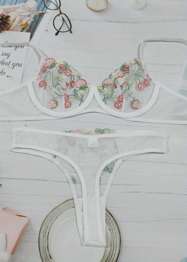 Cottonhill Flower Embroidery Transparent Women Bra Set, Wired