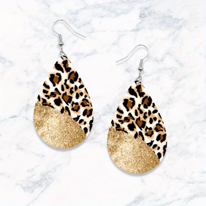 Casual Mixed Leopard Zebra Prints Little Teardrop Earrings Golden Pink Pattern Wooden Dangle Jewelry For Women Gifts