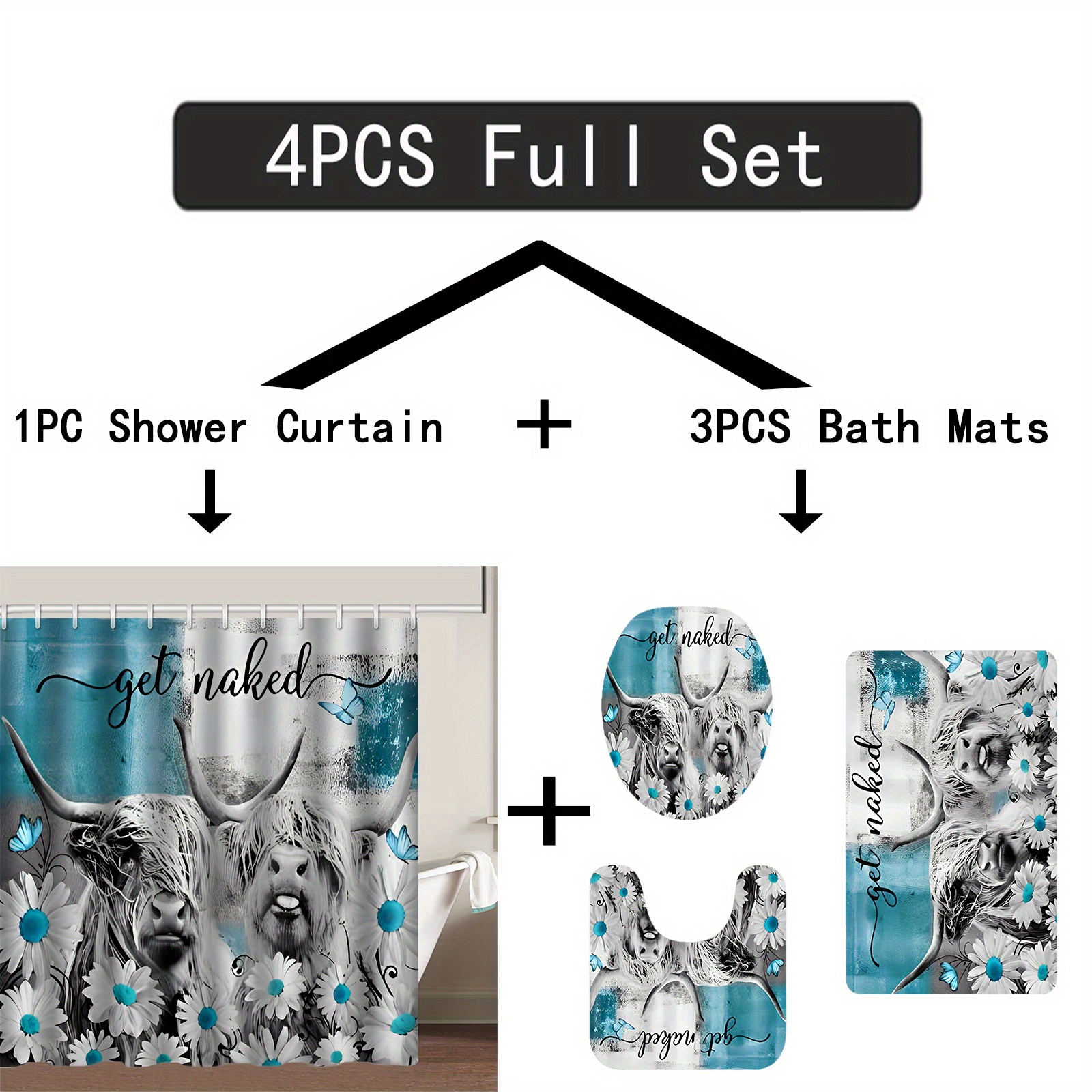 Funny Highland Cow Shower Curtain Toilet Seat Bath Mat Set, White And  Turquoise Daisies Butterfly In Grey Fabric Bathroom Shower Curtain,  Farmhouse Rustic Retro Polyester Cloth Curtains For Windows, Comes With 12