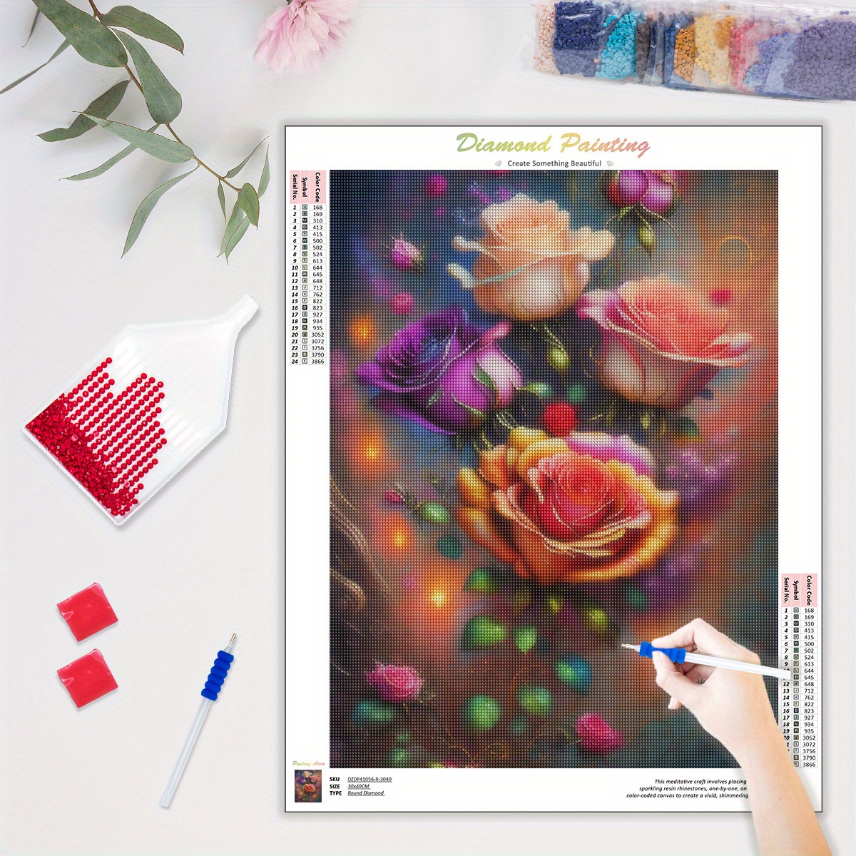 1pc Diamond Painting Flowers Full Round Diamonds Cross Stitch Embroidery  Diy Art Gifts Craft Kit Home Decor 30x40cm/12x16inch Without Frame