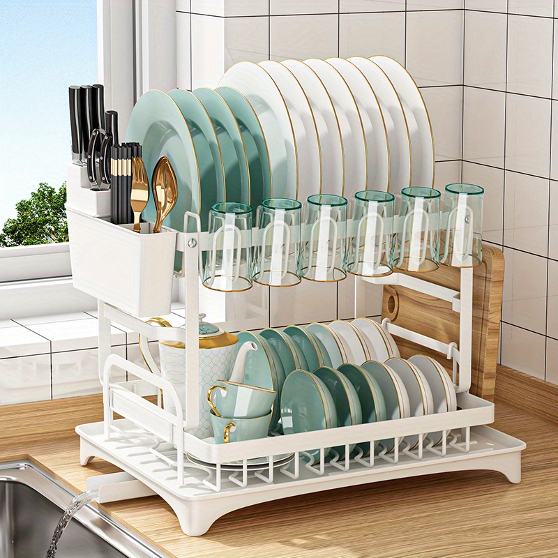 2-Tier Dish Drying Rack for Kitchen Countertop - Detachable Double Layer  with Drain Board - Black or
