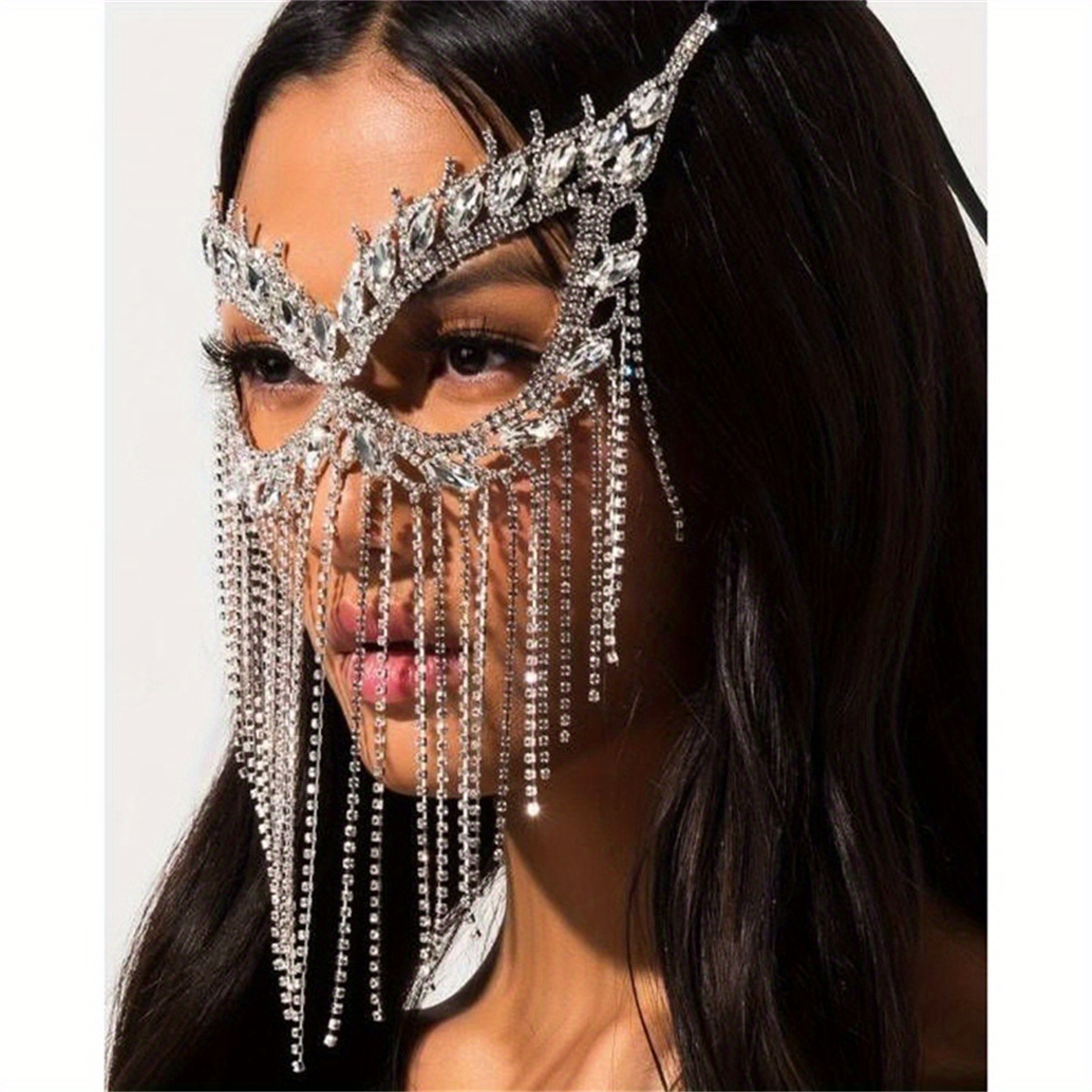 Rhinestone Mask With Long Tassel Exquisite Masquerade Party Mask Bridal Crystal Wedding Accessories details 3