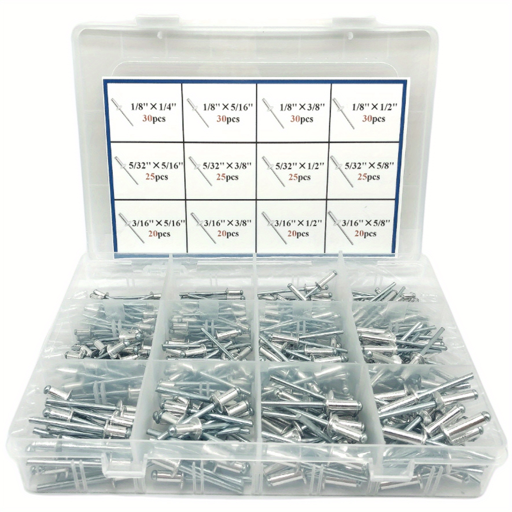 Pop Blind Rivets, 400PCS Aluminum Pop Rivets Assortment Kit, 8 Sizes Rivets  (3mm/5mm), Silver Rivets Assorted with Reinforced Divider & Labeled Case