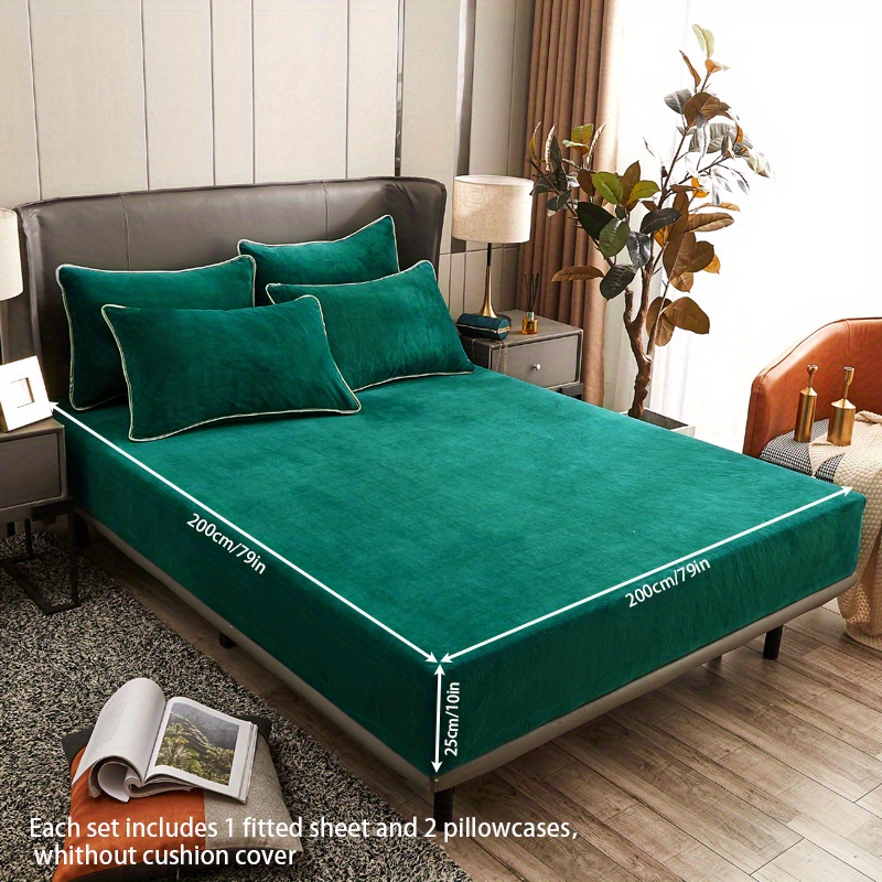 Fashionable And Simple Solid-color Fitted Sheet 3pcs Set, Including 1 Fitted Sheet And 2 Pillowcases With Piping