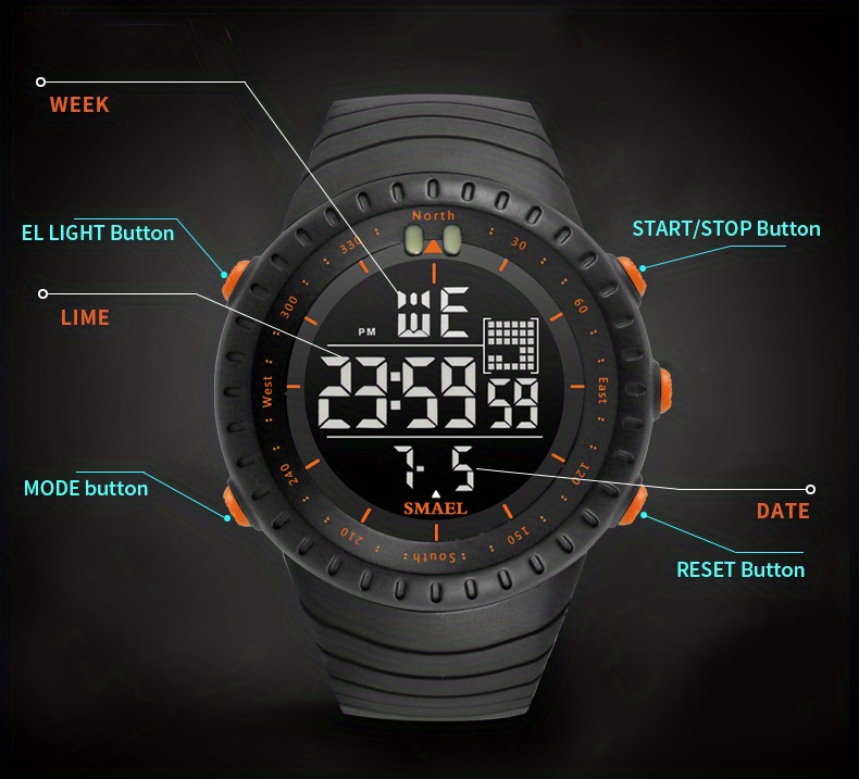 mens digital watch sports watch black dial led watch with alarm clock stopwatch 12 24 hour format for men   for gifts details 5