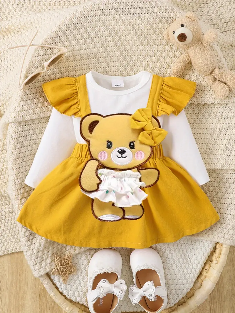 babys dress toddler baby girls fake two piece suspender skirt spring fall flying sleeve bear embroidered cute soft comfortable romper details 0