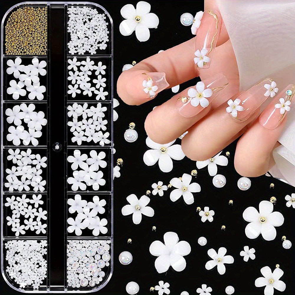 3d Flower Nail Art Charms White Flowers With Golden Caviar - Temu