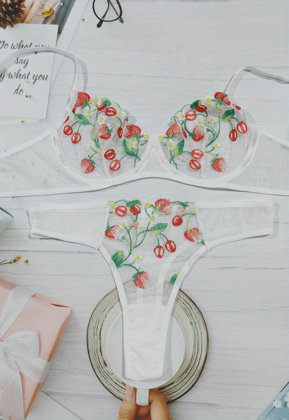 Floral Embroidery Lingerie Set Sheer Mesh Push Unlined Bra - Temu Canada