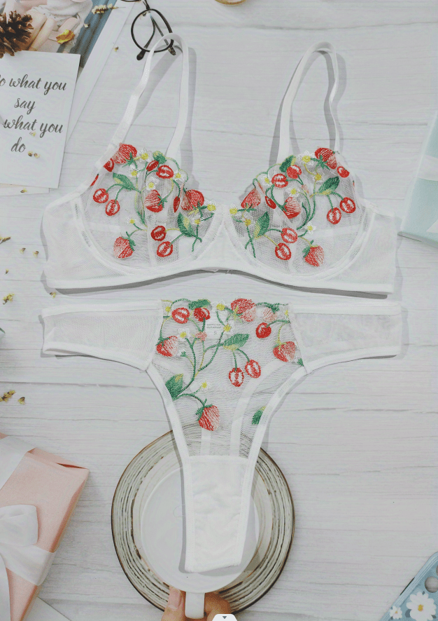Floral Embroidery Lingerie Set Sheer Mesh Push Unlined Bra - Temu Canada
