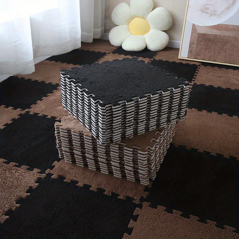 12PCS Plush Puzzle Foam Floor Mat for Kids- Thick Interlocking Fluffy Tiles  with Border Square Rug Split Joint Soft Climbing Carpet Mats Shaggy Area