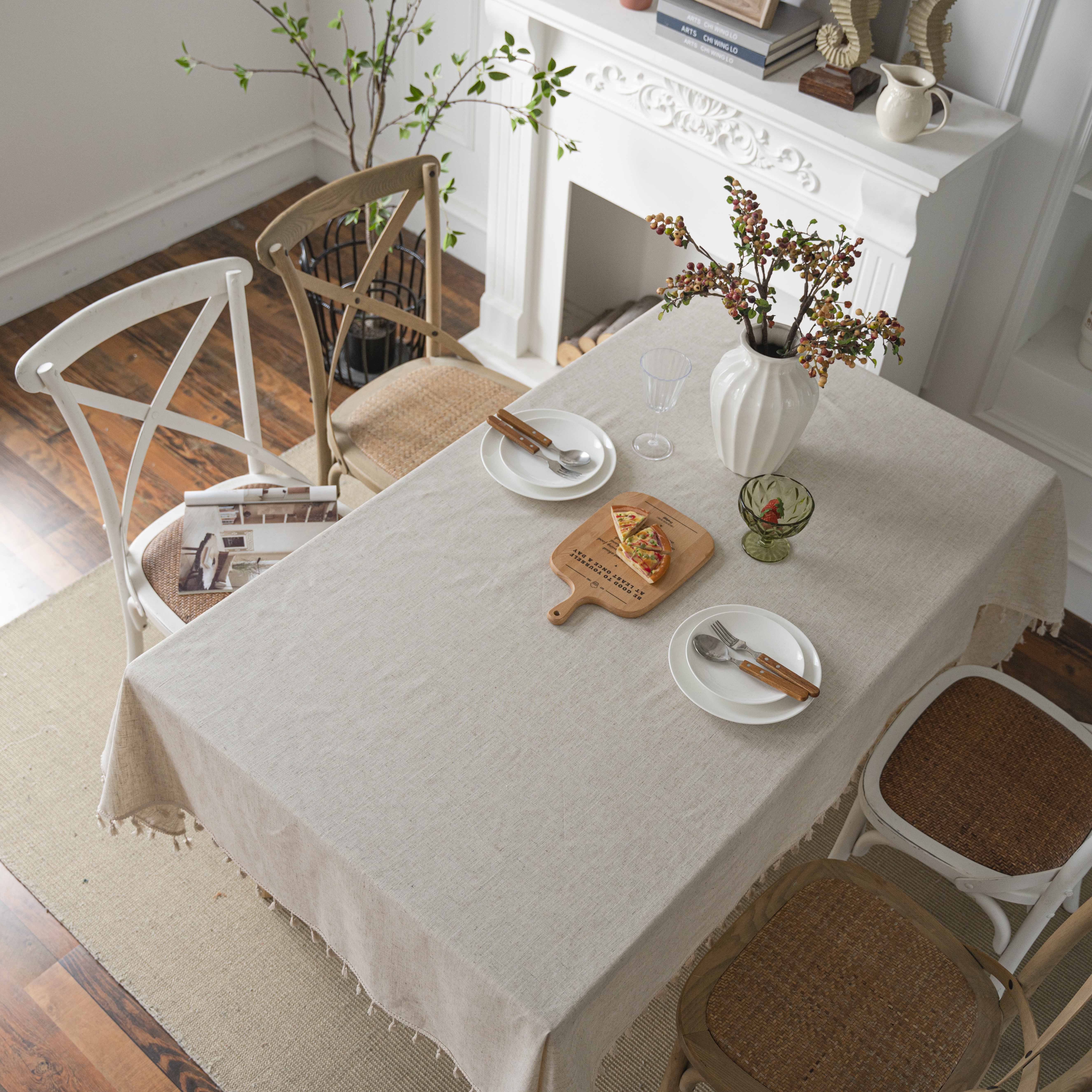 Solid Color Linen Farmhouse Style Tablecloth Beige Fringed - Temu