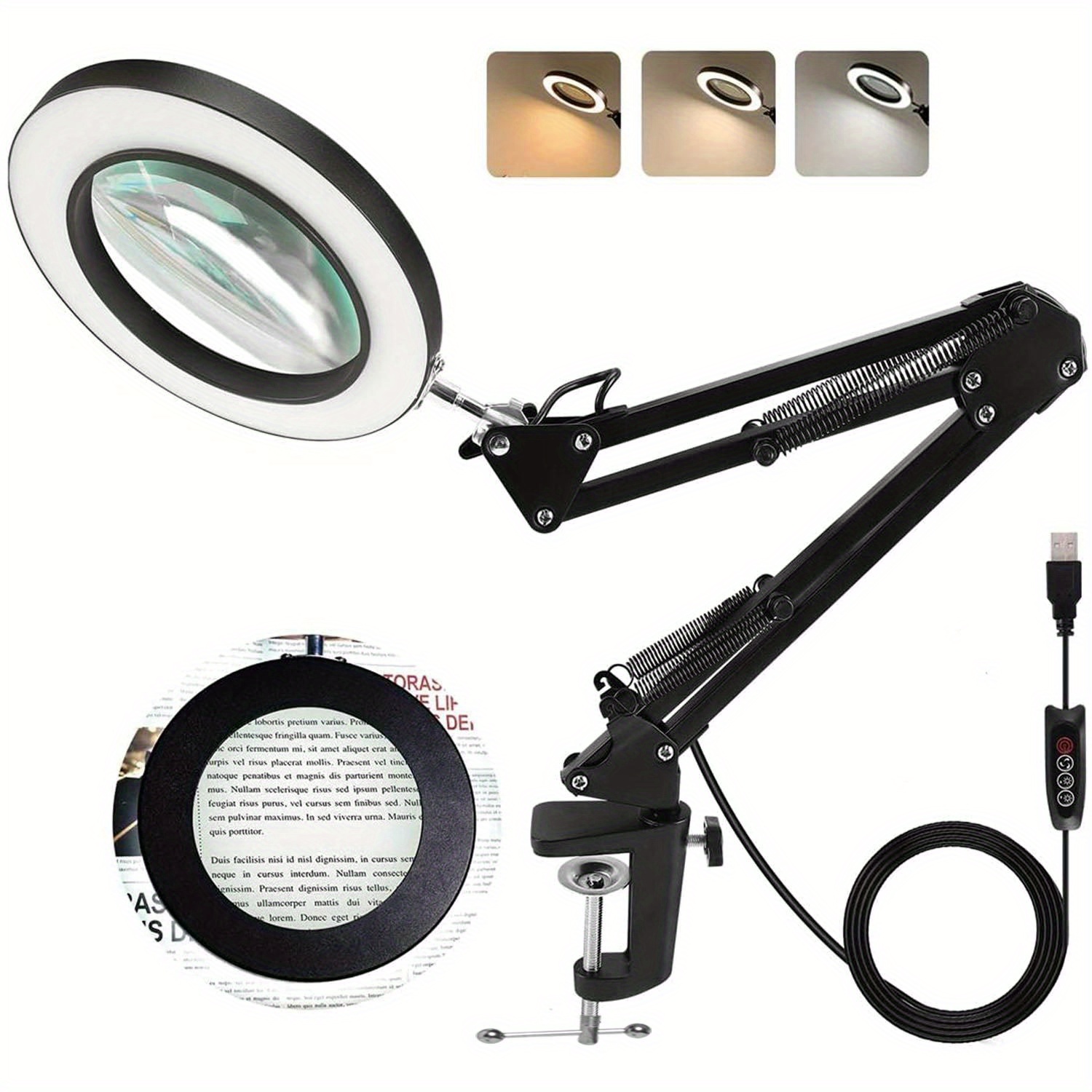 2X LED Lamp Lighted Magnifier Clip-on Table Top Desk Magnifying Glass with  Clamp
