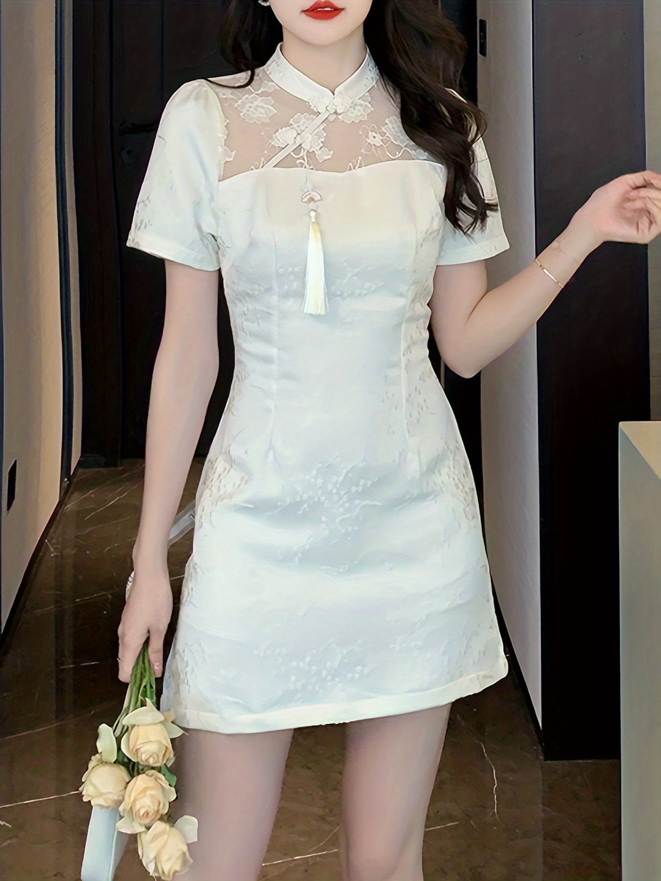 Contrast Lace Solid Dress Elegant Stand Collar Short Sleeve - Temu ...