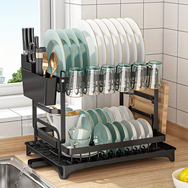2-Tier Dish Drying Rack for Kitchen Counter Over The Sink, Larger Dish  Drying Rack Drainboard Set with Double-Layer Bowl Rack, Cup Rack, Drain  Board