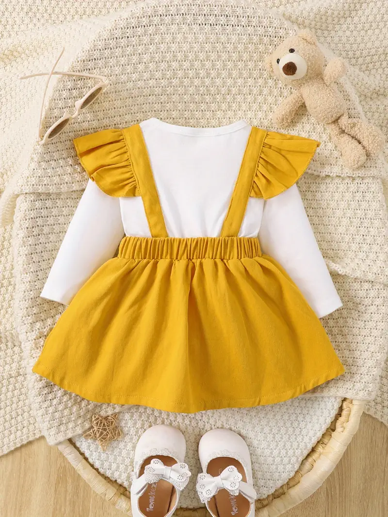 babys dress toddler baby girls fake two piece suspender skirt spring fall flying sleeve bear embroidered cute soft comfortable romper details 1